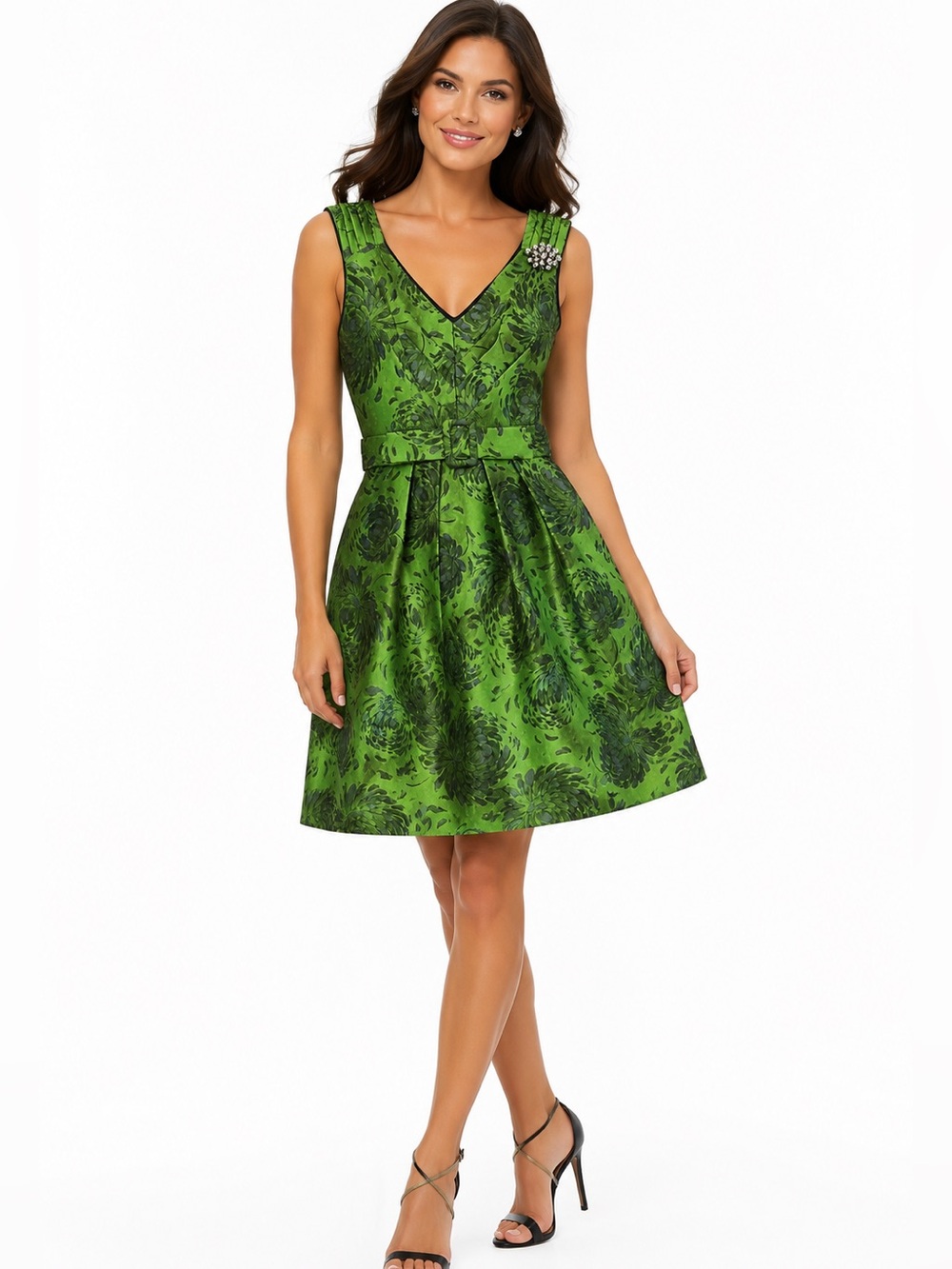 Anthro Eva Franco Jacuard V-Neck Green Floral Belted Aline Dress NWOT